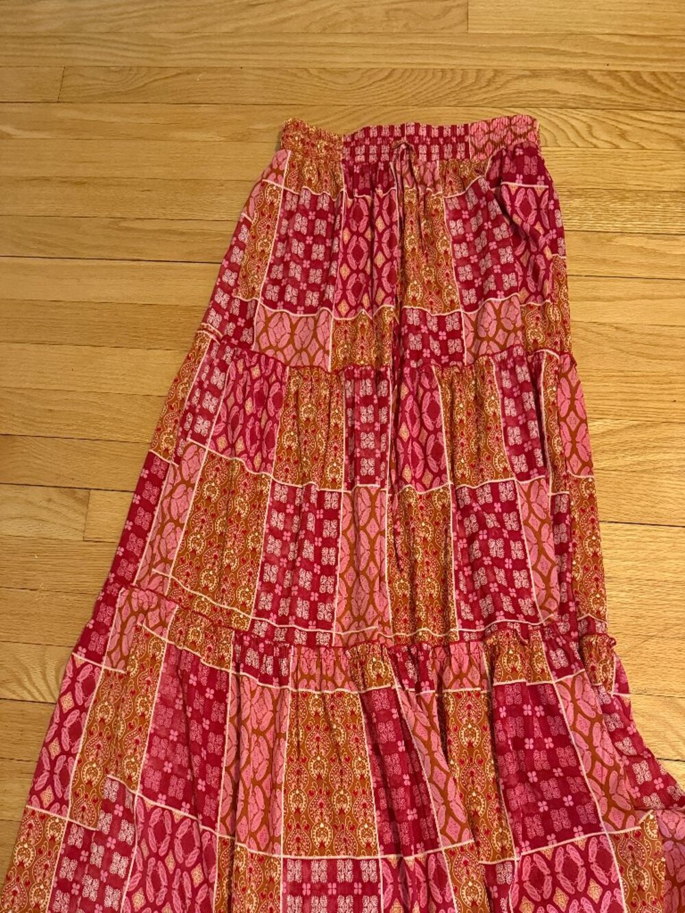 Boho Maxi Skirt XL | Red Pink Paisley Patchwork Floral Tiered Flowy Tie Waist